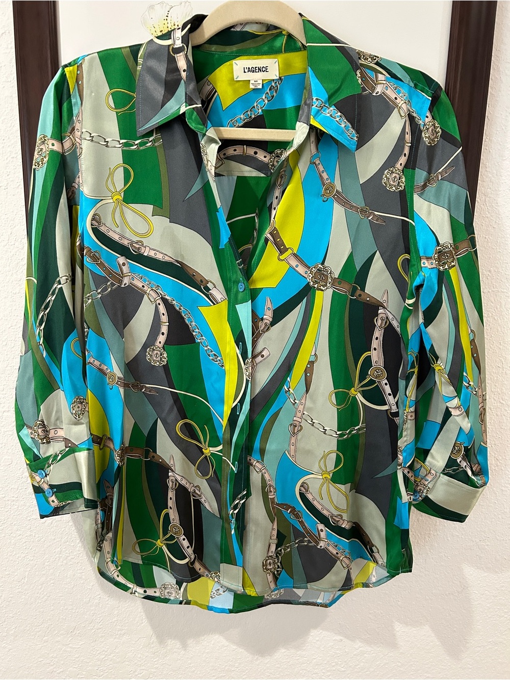 L'AGENCE Dani Green, Turquoise & Yellow Mixed-Print Silk Shirt
